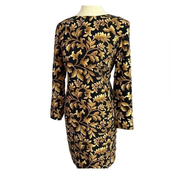 Vintage Dresses & Skirts - Vintage black and gold silk leaf print long sleeve midi dress romantic ethereal